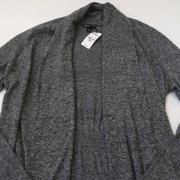 NWT EXPRESS Long Knit Cardigan Wrap Sweater Size M Heathered Grey Black - Picture 4 of 12